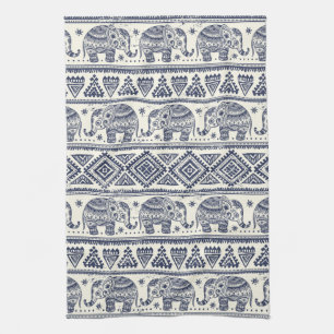 Blue Ethnic Elephant Pattern Kitchen Towel