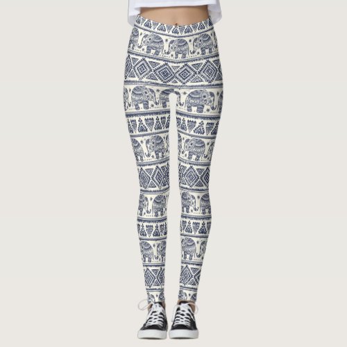 Blue Ethnic Elephant Pattern Leggings