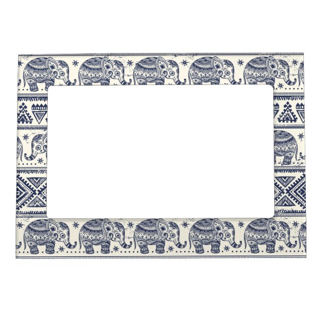 Blue Ethnic Elephant Pattern Magnetic Photo Frame (Front)