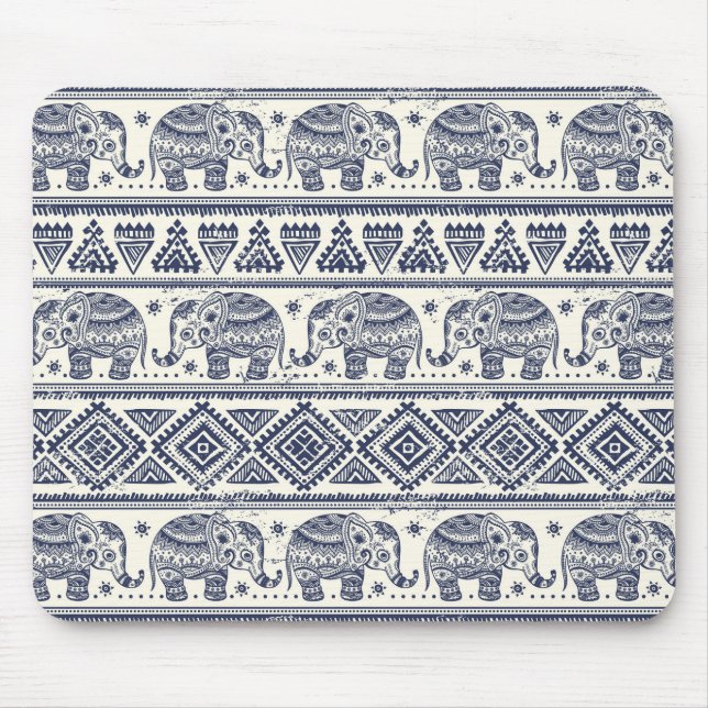 Blue Ethnic Elephant Pattern Mouse Pad (Front)
