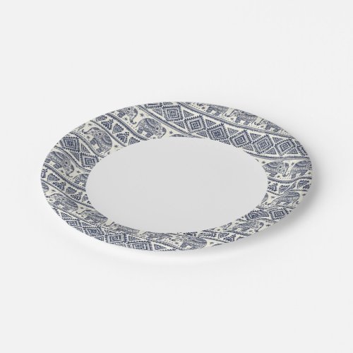 Blue Ethnic Elephant Pattern Paper Plates