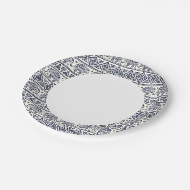 Blue Ethnic Elephant Pattern Paper Plates (Angled)