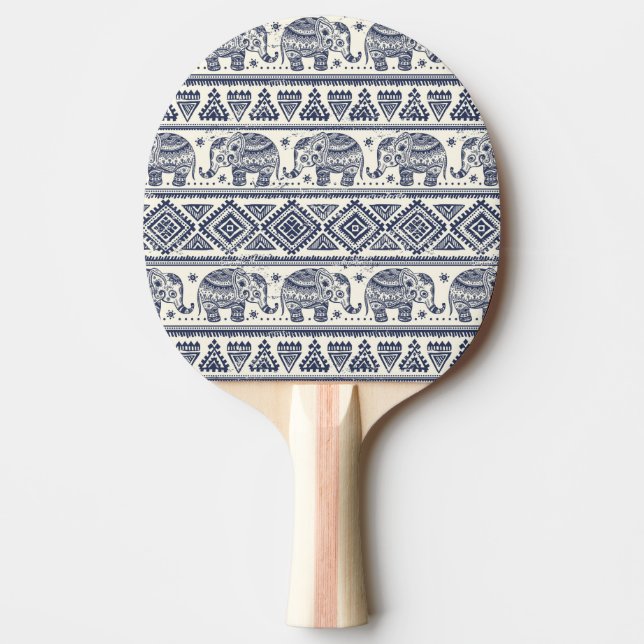 Blue Ethnic Elephant Pattern Ping-Pong Paddle (Front)