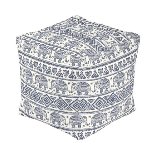 Blue Ethnic Elephant Pattern Pouf