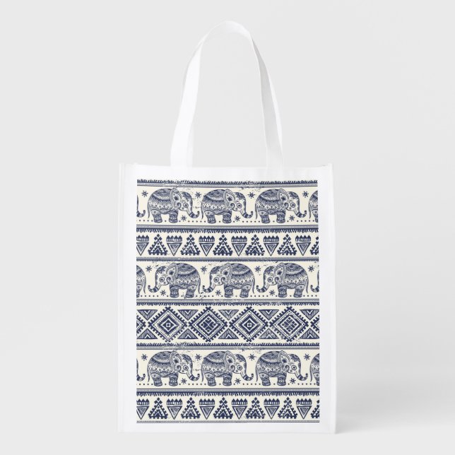 Blue Ethnic Elephant Pattern Reusable Grocery Bag (Front)