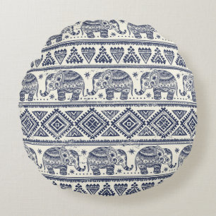 Blue Ethnic Elephant Pattern Round Pillow