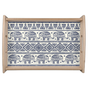Blue Ethnic Elephant Pattern Serving Tray