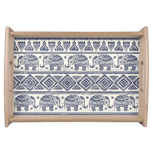 Blue Ethnic Elephant Pattern Serving Tray (Front)