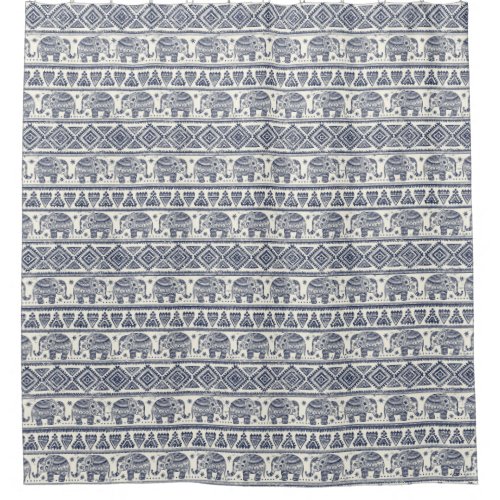 Blue Ethnic Elephant Pattern Shower Curtain