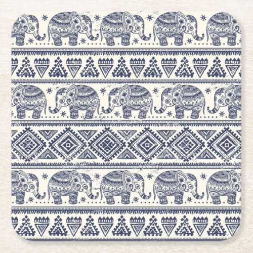 Blue Ethnic Elephant Pattern Square Paper Coaster