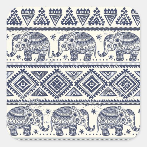 Blue Ethnic Elephant Pattern Square Sticker