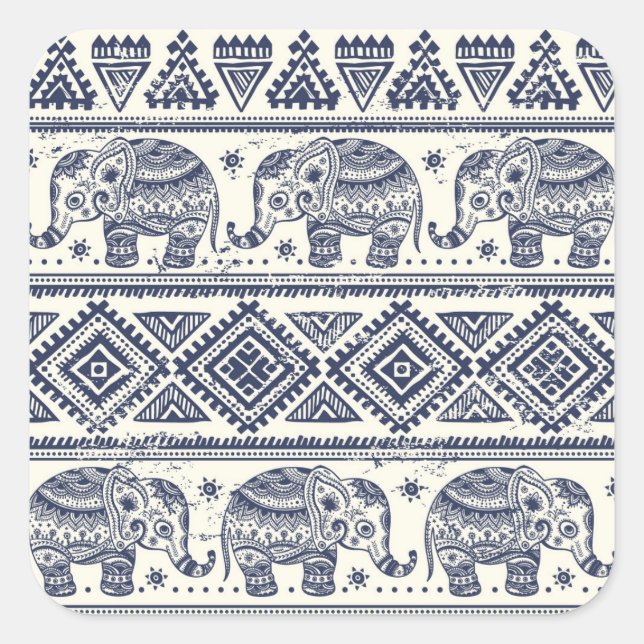 Blue Ethnic Elephant Pattern Square Sticker (Front)