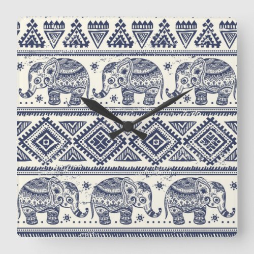 Blue Ethnic Elephant Pattern Square Wall Clock