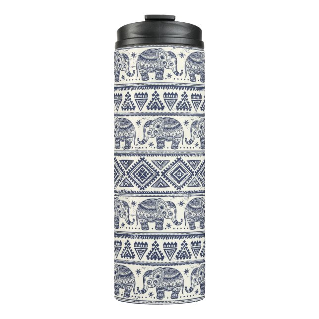 Blue Ethnic Elephant Pattern Thermal Tumbler (Front)