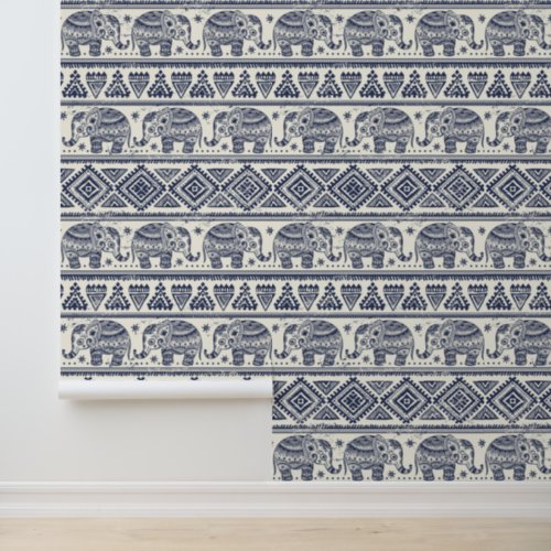 Blue Ethnic Elephant Pattern Wallpaper
