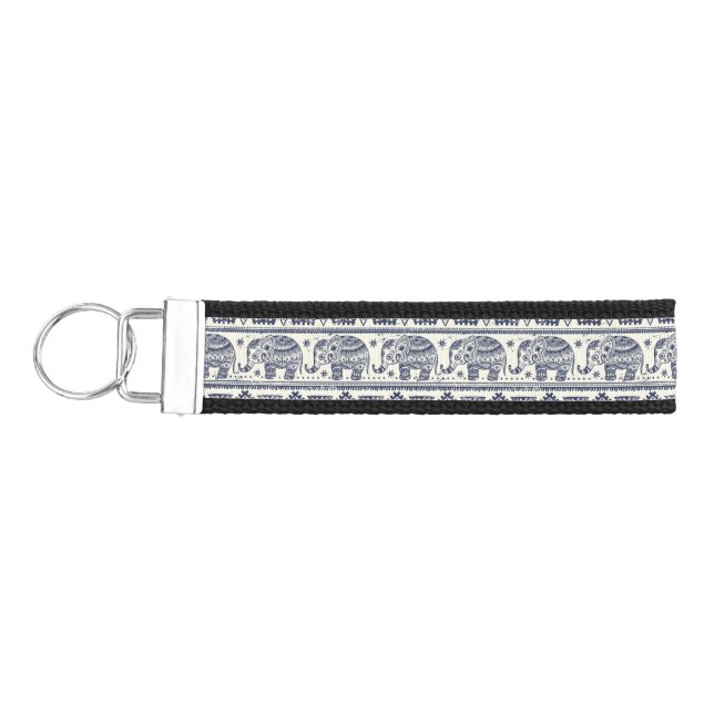 Blue Ethnic Elephant Pattern Wrist Keychain (Keys on Left)
