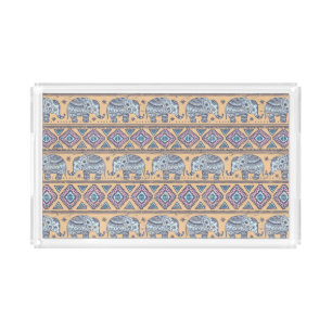 Blue Ethnic Elephant Tribal Pattern Acrylic Tray