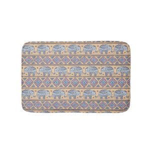 Blue Ethnic Elephant Tribal Pattern Bathroom Mat