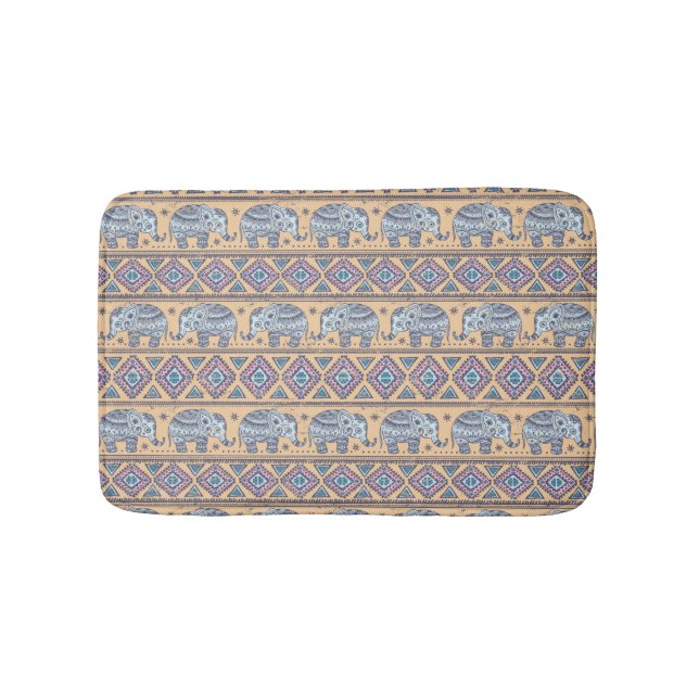 Blue Ethnic Elephant Tribal Pattern Bathroom Mat (Front)