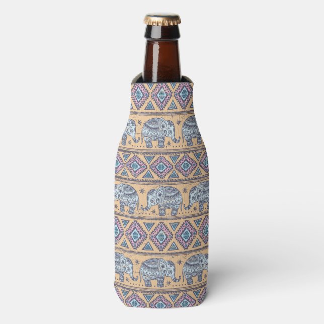 Blue Ethnic Elephant Tribal Pattern Bottle Cooler (Bottle Front)
