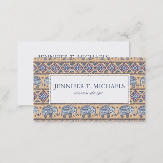Blue Ethnic Elephant Tribal Pattern Business Card (Front/Back)