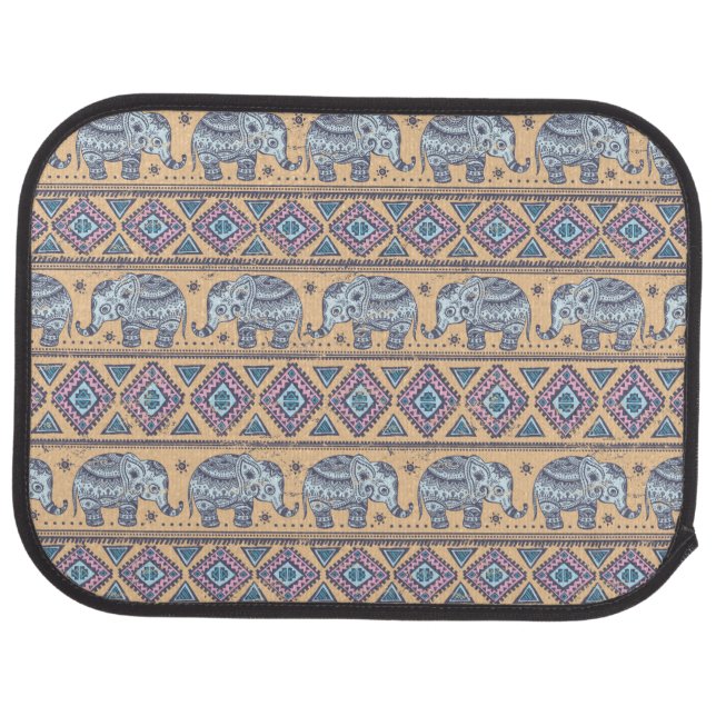 Blue Ethnic Elephant Tribal Pattern Car Floor Mat (Rear)