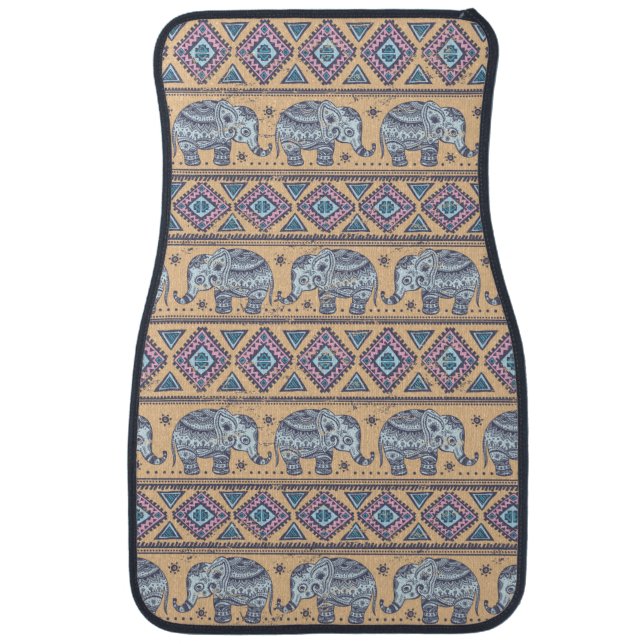 Blue Ethnic Elephant Tribal Pattern Car Mat (Front)