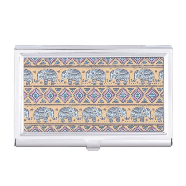 Blue Ethnic Elephant Tribal Pattern Case For Business Cards (Front)