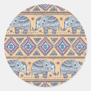 Blue Ethnic Elephant Tribal Pattern Classic Round Sticker