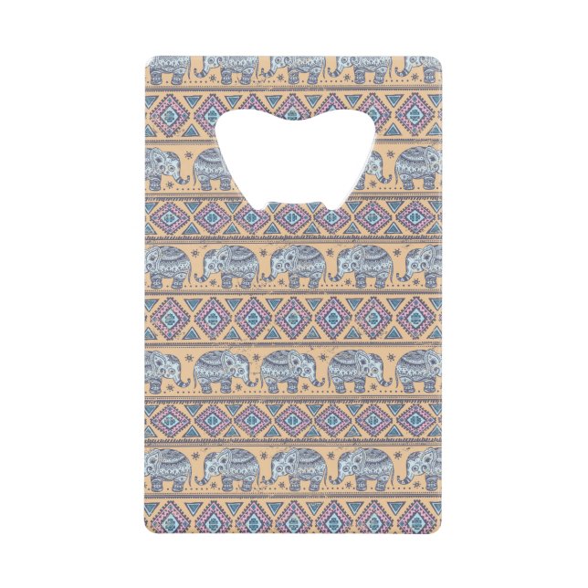 Blue Ethnic Elephant Tribal Pattern Credit Card Bottle Opener (Front)