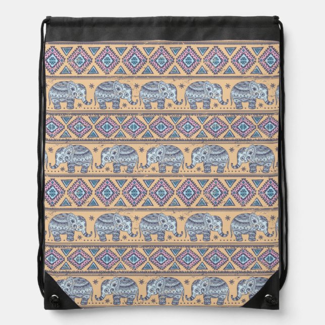 Blue Ethnic Elephant Tribal Pattern Drawstring Bag (Front)