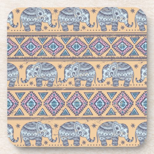 Blue Ethnic Elephant Tribal Pattern Drink Coaster