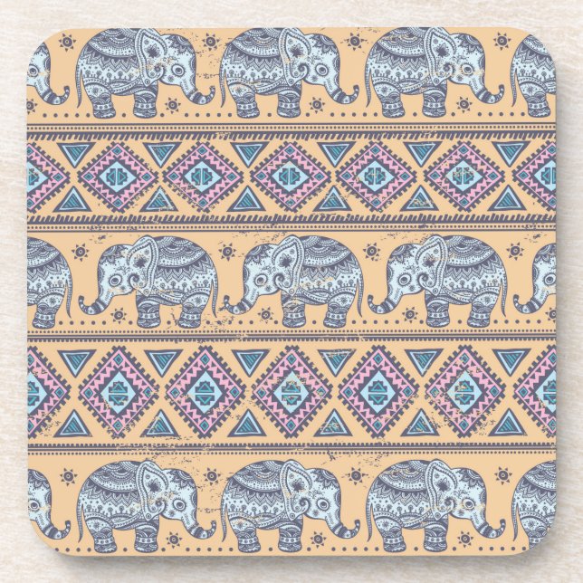 Blue Ethnic Elephant Tribal Pattern Drink Coaster (Front)