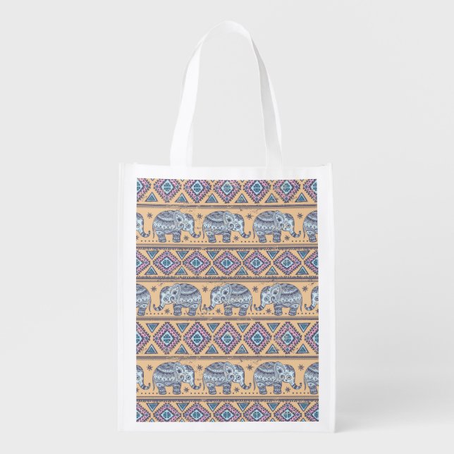 Blue Ethnic Elephant Tribal Pattern Grocery Bag (Front)