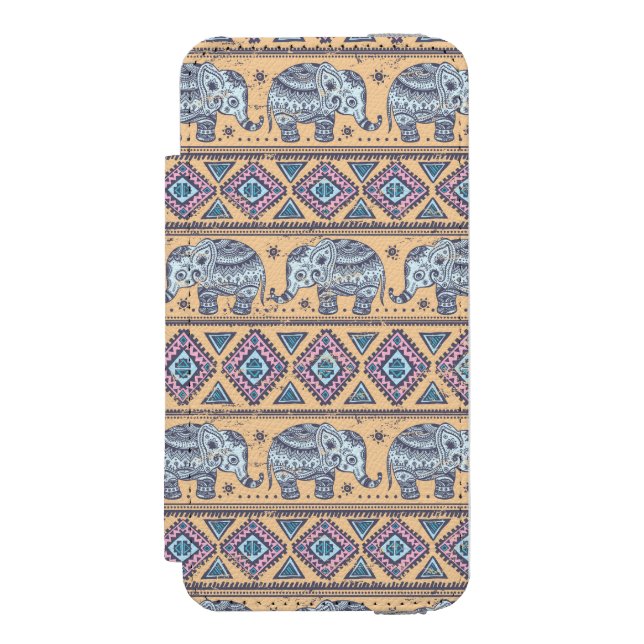 Blue Ethnic Elephant Tribal Pattern Incipio iPhone Wallet Case (Folio Front)