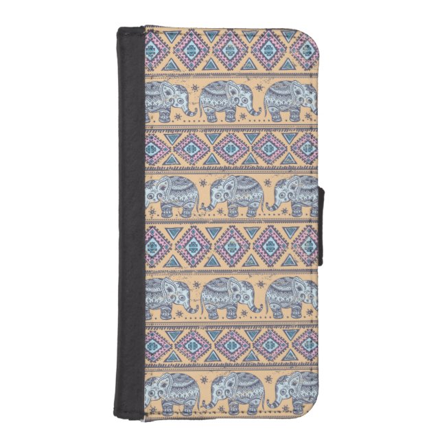 Blue Ethnic Elephant Tribal Pattern iPhone Wallet Case (Front)