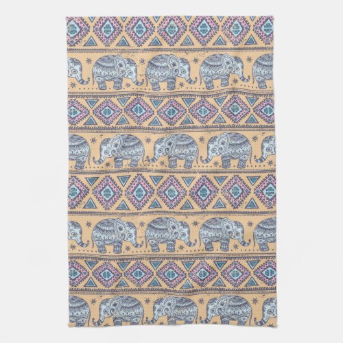 Blue Ethnic Elephant Tribal Pattern Kitchen Towel