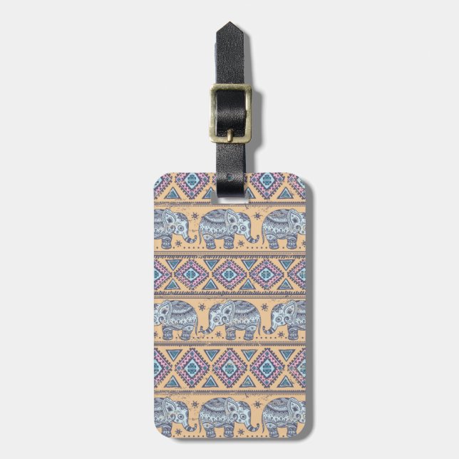 Blue Ethnic Elephant Tribal Pattern Luggage Tag (Front Vertical)