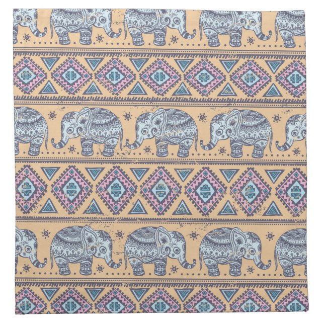 Blue Ethnic Elephant Tribal Pattern Napkin (Front)
