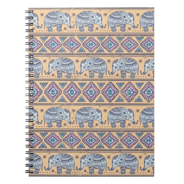Blue Ethnic Elephant Tribal Pattern Notebook (Front)