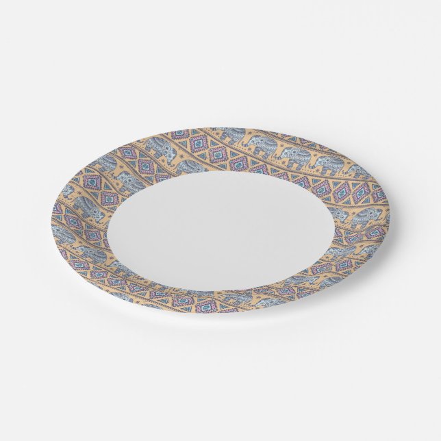 Blue Ethnic Elephant Tribal Pattern Paper Plates (Angled)