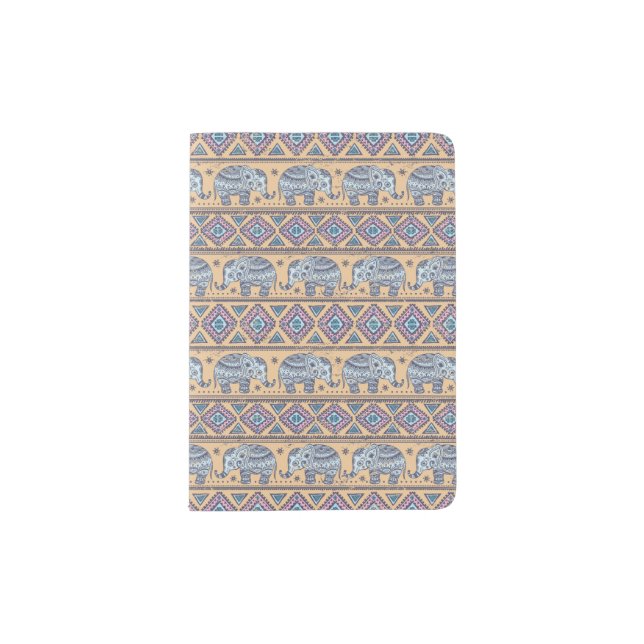 Blue Ethnic Elephant Tribal Pattern Passport Holder (Front)