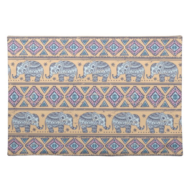 Blue Ethnic Elephant Tribal Pattern Placemat (Front)