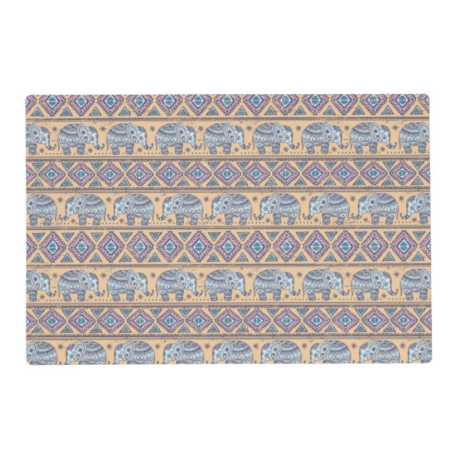 Blue Ethnic Elephant Tribal Pattern Placemat (Front)