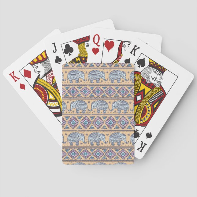 Blue Ethnic Elephant Tribal Pattern Poker Cards (Back)