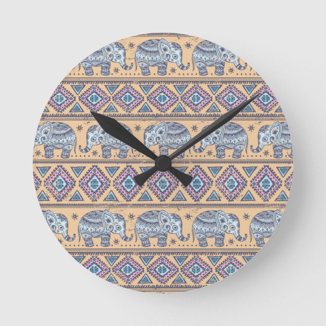 Blue Ethnic Elephant Tribal Pattern Round Clock (Front)