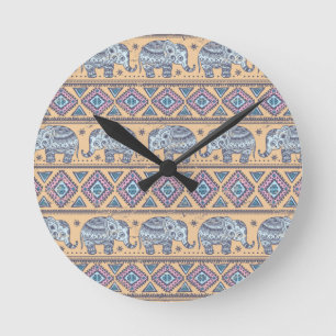 Blue Ethnic Elephant Tribal Pattern Round Clock