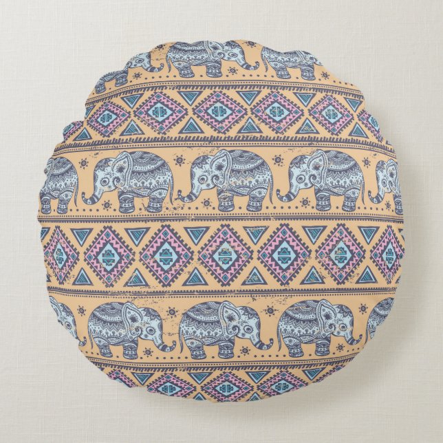 Blue Ethnic Elephant Tribal Pattern Round Pillow (Front)