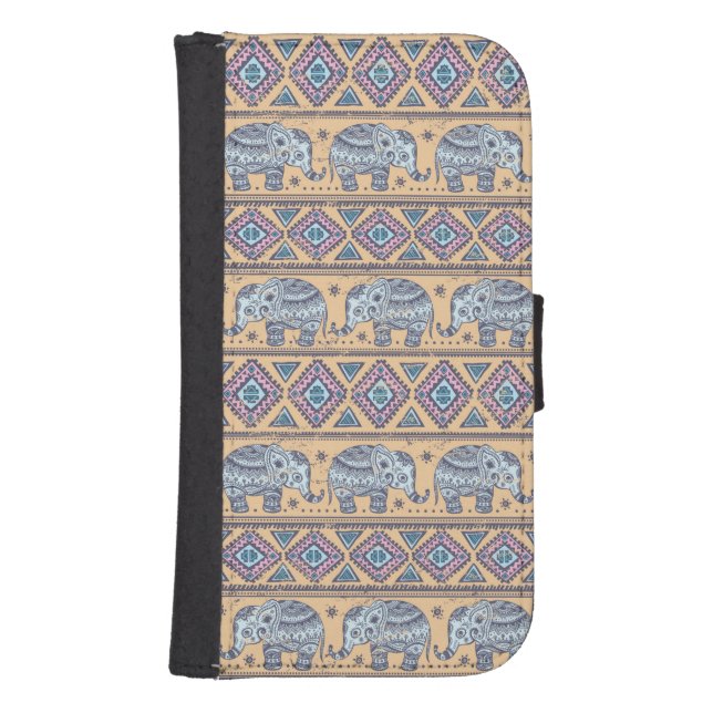 Blue Ethnic Elephant Tribal Pattern Samsung Galaxy Wallet Case (Front)