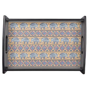 Blue Ethnic Elephant Tribal Pattern Serving Tray